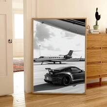 1幅豪华黑白跑车墙面艺术帆布画，复古照片印刷帆布，单色美学海报，高端汽车和航空主题墙面装饰，适用于家居、卧室和客厅，是送给汽车爱好者的绝佳礼物，可选择带框或不带框。 - 彩色 - 查看 2