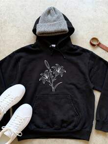 Women's Casual White Lily Print Hoodie, Classic Style For Daily Leisure - Black - View 1