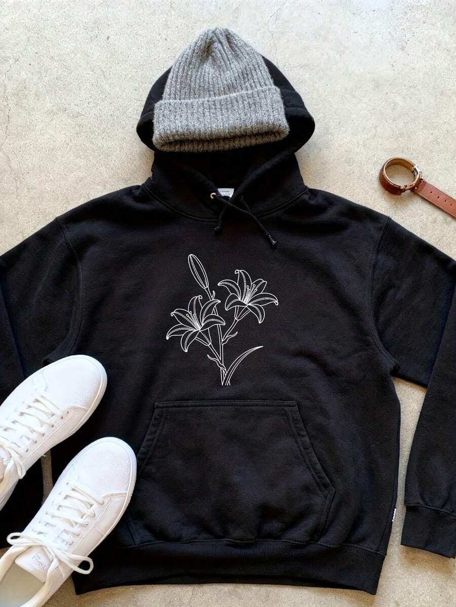 Women's Casual White Lily Print Hoodie, Classic Style For Daily Leisure - Black - View 1