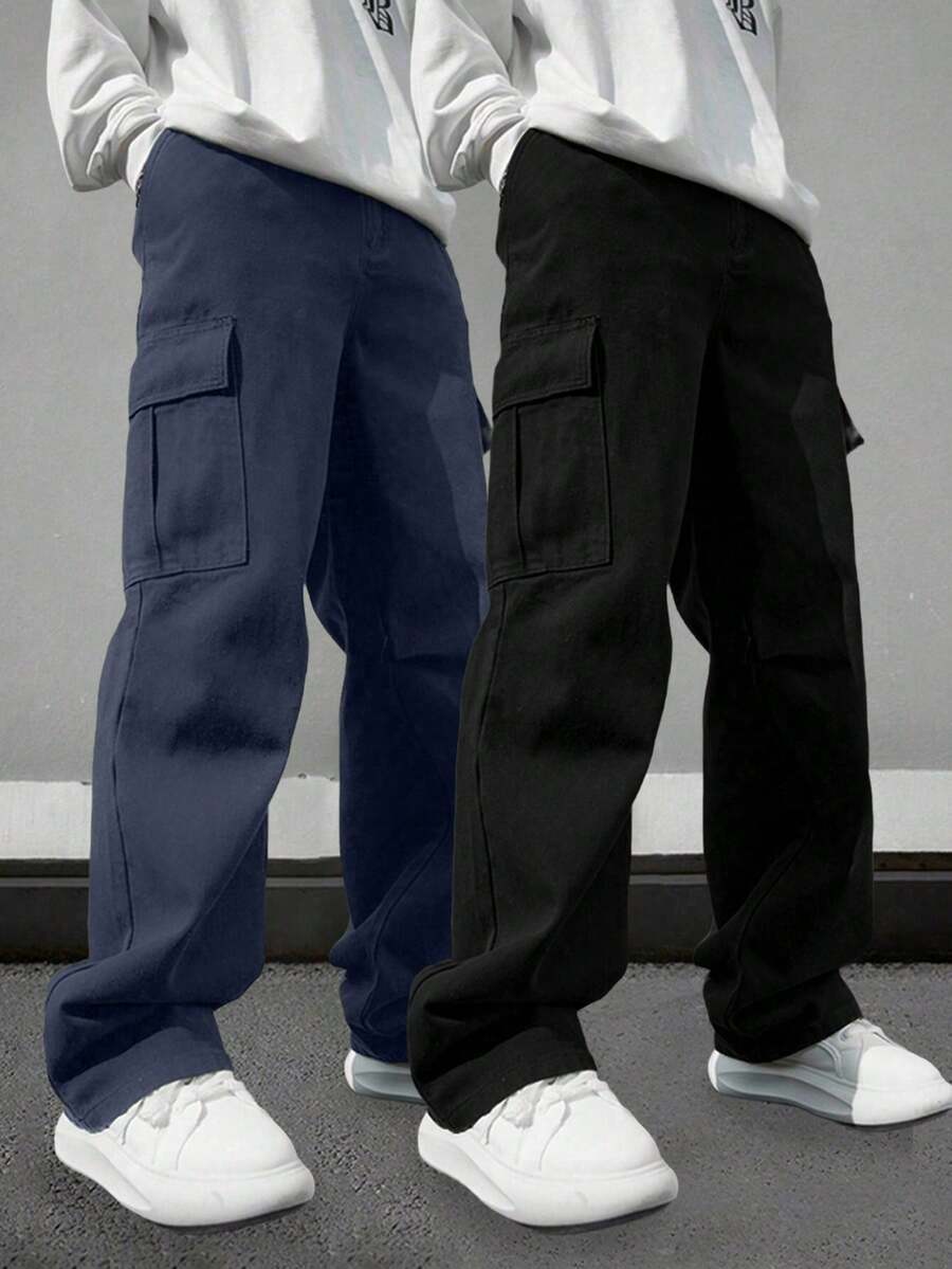 2 件男士多口袋纯色修身工装裤，夏季海滩度假休闲裤，适合日常通勤、运动训练、户外徒步、宽松休闲时尚运动裤、直筒裤、秋装 - 彩色 - 查看 1