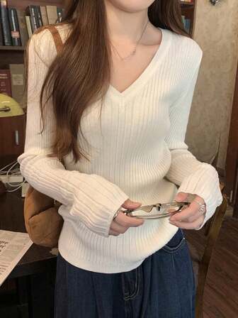 女式 V 领罗纹针织修身弹力长袖百搭套头衫，百搭春装