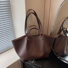 low tea 2 件纯色 PU 皮革单肩包女士休闲大容量手提包，书包带双手柄和按扣，适合旅行、购物、约会、女士礼物，适合少女、大学生和办公室女士，非常适合办公室、学校、工作、商务、通勤、户外、旅行、郊游 - 咖啡 - 查看 10