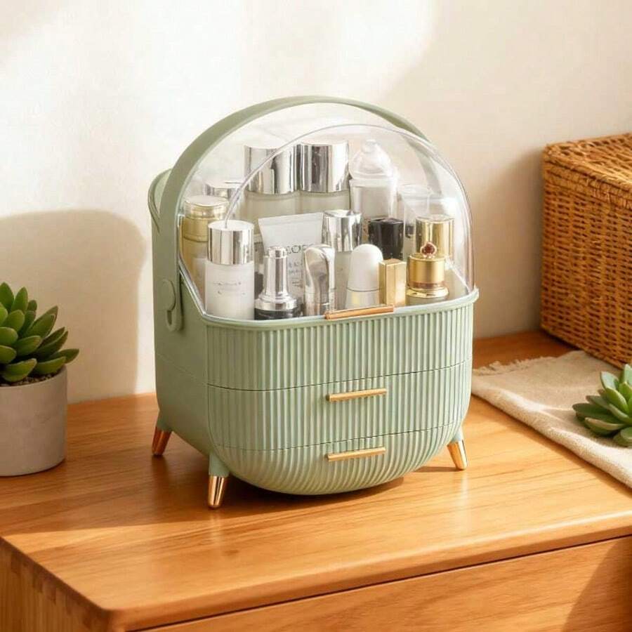 Women's Cosmetics Storage Box, Desktop Display Cosmetic Box With Handle, Lid And Drawer, Bathroom And Dressing Table Cosmetic Storage Container - 淺綠 - 查看 1