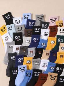 10 Pairs Kids' Random Solid Color Cute Expression Casual Mid-Calf Socks