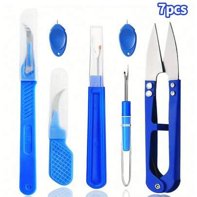 Juego de 7 piezas de herramientas de costura azules, que incluye descosedor, descosedor de costuras rotativo, descosedor y tijeras para quitar puntadas