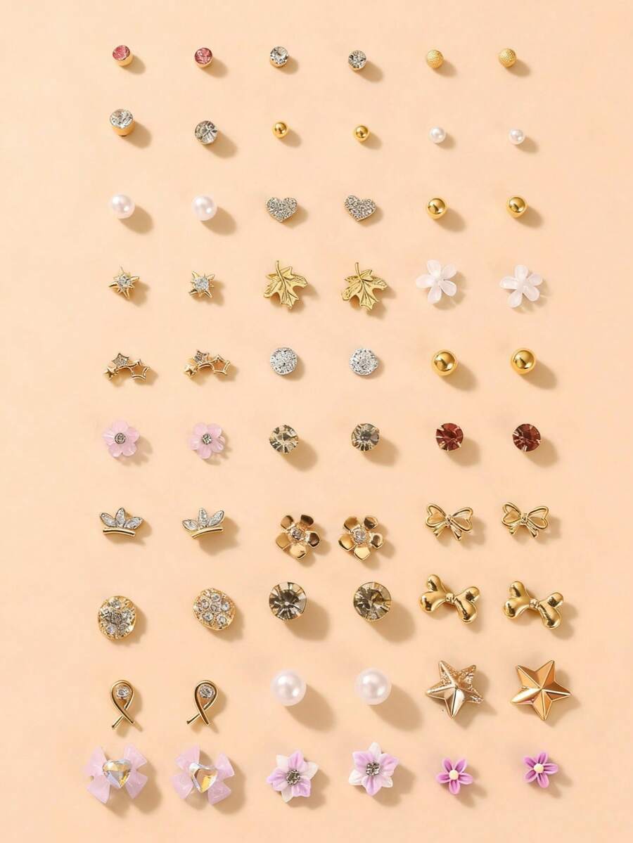 30 Pairs Fashion Cute Bowknot, Heart, Faux Pearl, Flower, Rhinestone Stud Earrings Set, Gift For Girls - Multicolor - View 1