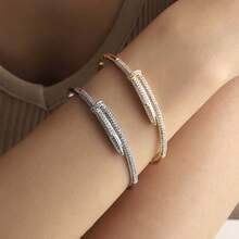 1pc Fashionable Metal Nail Copper Bracelet With Cubic Zirconia, Elegant & Simple, Versatile Daily Accessory For Women