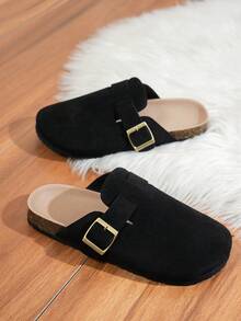 Boken 2025 Spring New Plus Size Women's Solid Color Fashion Versatile Decorative Button Casual Slip-On Thick Sole Mules - Black - View 6