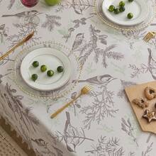 Designer Grey Tablecloth For Square Tables,Fringed Edges With Leaves And Birds Pattern Tablecloths,Farmhouse Floral Table Cover Cloth Drative For Kitchen Dining Room,59"X 86",24897020 - Light Blue - View 5