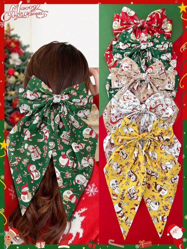 1 Stück Weihnachts-Haarclips für Frauen, Oversized Schleifenclips, süßer und niedlicher Stil, weibliches Haaraccessoire, Muster mit verschiedenen Weihnachtselementen, Weihnachtsdekoration, geeignet für den täglichen Gebrauch und Feiertagspartys, Weihnachtsgeschenk, Weihnachts-Haaraccessoires, Winterzubehör für Frauen.