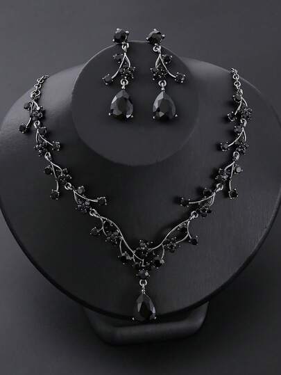 Conjunto vintage de 3 piezas con ciruela, aretes y collar con rhinestones morados, adecuado para novias, damas de honor, accesorios para vestidos de noche de cena de boda y baile