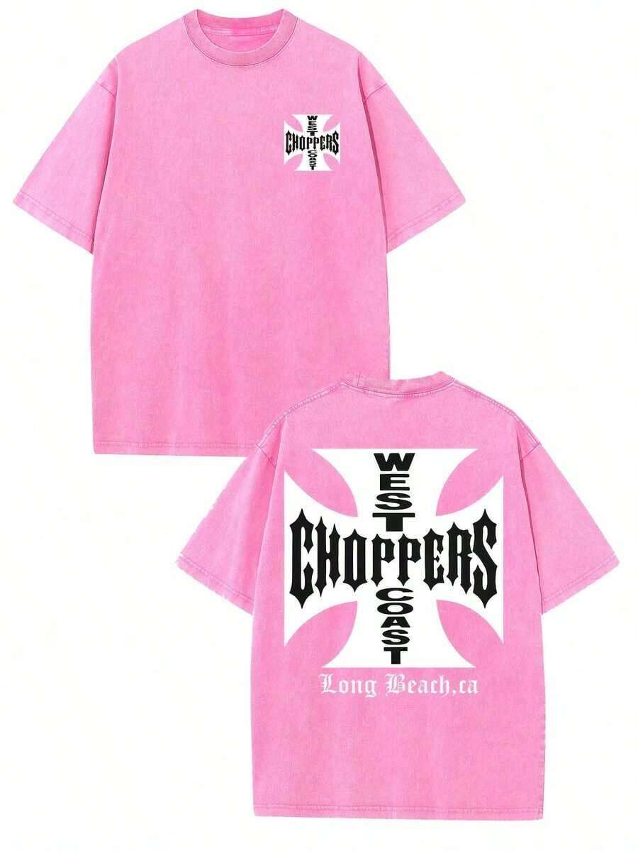 WEST COAST CHOPPERS Men's Retro Streetwear T-Shirt - 230g Washed Cotton, Double-Sided Print, Loose-Fitting Drop With A California Long Beach Graphic - 粉色 - 查看 1