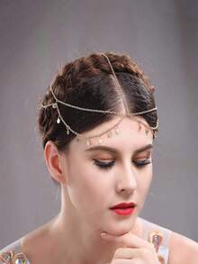 1pc Elegant Vintage Sequined Wave Tassel Headband - Ideal For Party & Holiday, Women Metal Hair Accessories, Round Disc Quantity Random Hair Chain Head Jewelry Head Pieces Jewelry Hair Jewelry Hair Vine Chain, Hair Jewellery, Y2k Outfit, Wedding - Gold - View 5