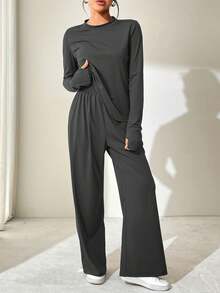 2件套女士长袖圆领T恤上衣和宽松舒适休闲裤 - 深灰色 - 查看 3