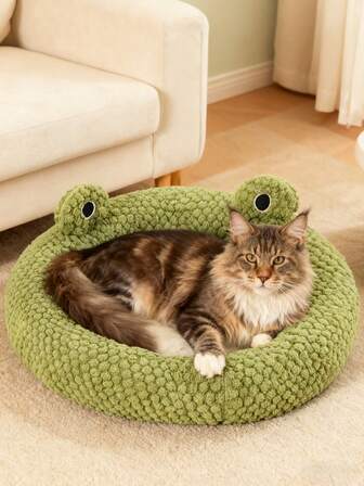 1件装小青蛙系列猫窝保暖狗窝冬季保暖宠物床柔软透气可爱毛绒宠物床，开放式温暖宠物窝设计，适合猫咪和小型犬（圆形床设计）