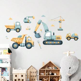 1Set Watercolor Construction Excavator Vehicles Trucks Car Wall Stickers, Building Digger Wall Decals,For Playroom Bedroom Home Decor