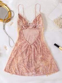 Luxurious Embroidered Velvet Satin Soft Lace Contrast Color Beaded Decor Camisole Nightgown - Hồng - Xem 8