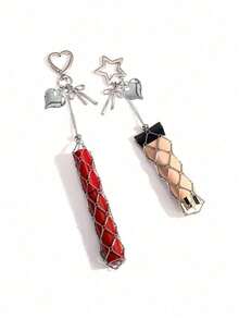 Metal Lipstick Holder Bag Charm With Replaceable& Stainless Steel Net Pocket, Heart & Star Decor Lipstick Case Keychain With Mini Mirror, Fashionable Hanging Decoration For Lip Balm & Cosmetics, Stylish Bag Pendant For Handbags & Purses, Portable Makeup Accessory For Women, Girls, Beauty Lovers & Gift-Giving