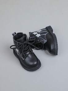 1 Pair Fashionable Baby Autumn/Winter Short Boots, With Stylish Pentagram Pattern And Stitching, Retro Side Zipper Design, Comfortable Warm Plush Lining And Anti-Slip Rubber Sole, Suitable For Baby Daily Commute And School Activities - Black - View 5