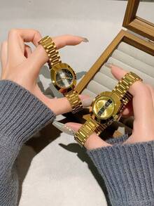 1 件酒桶形钻石镶嵌路浮雕金色表盘石英表，适合女士，时尚，适合日常佩戴，生日，派对，波西米亚风格，适合日常佩戴 - 金色 - 查看 7