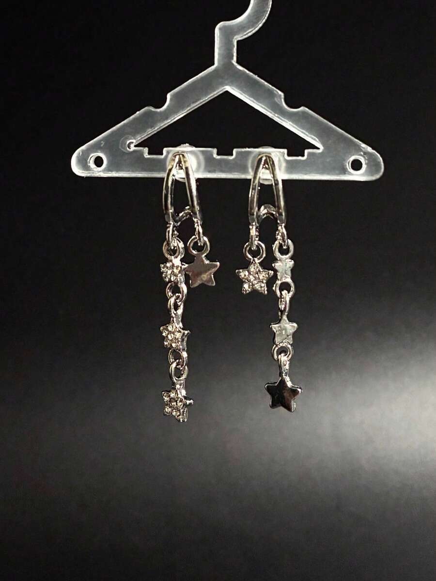 1 Pair Unique Micro-Inlaid Zirconia Five-Pointed Star Tassel Earrings, Fashionable Elegant Versatile Niche High-End Star Earrings