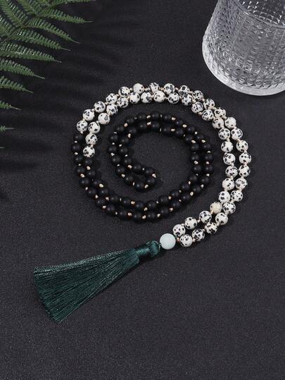 [Boho Style Tassel Long Necklace] Matte Black Onyx & Dalmatian Jasper Beaded Knotted 108 Japamala Rosary Necklace Meditation Yoga Blessing Jewelry For Women Men
