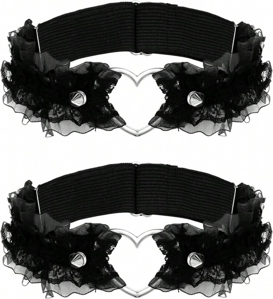 YQQYG 2 PCS Black Garter, Lace Thigh Garter Thigh Belt For Women, Adjustable Heart Leg Garters Elastic Plus Size - đen - Xem 1