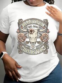 Plus Size Women's  T-Shirt With Bull Skull And Rose Floral Print Beautiful Disaster Graphic - Casual Streetwear For Everyday Wear 220g - 白色 - 查看 1