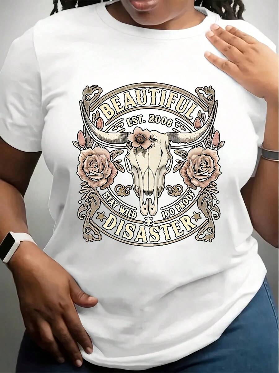 Plus Size Women's  T-Shirt With Bull Skull And Rose Floral Print Beautiful Disaster Graphic - Casual Streetwear For Everyday Wear 220g - 白色 - 查看 1