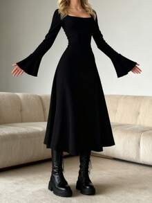 WOWDARK 夏季连衣裙，黑色纯色简约优雅长袖方领系带A字长裙，适合情人节、约会、聚会、派对、旅行、度假、海滩等场合，也适合婚礼、春季派对等场合。 - 黑色 - 查看 2