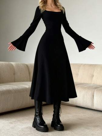 WOWDARK Damklänning för vinter, svart enfärgad minimalistisk vardagsklänning, långärmad fyrkantig halsringning knytband i midjan A-linjeklänning, lämplig för alla hjärtans dag, dejter, sammankomster, fester, resor, semester, strand och mer