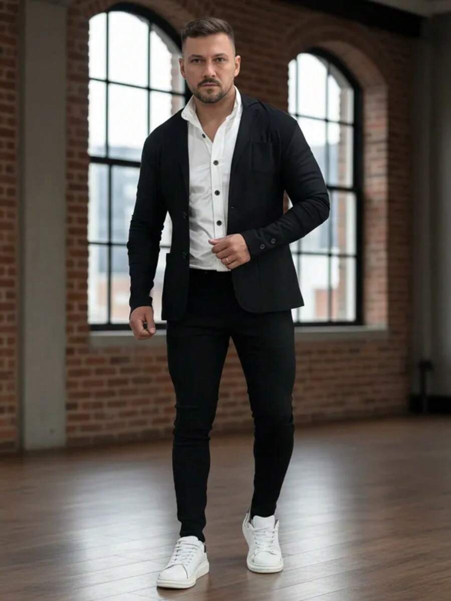 Men's Set Blazer Pants Slim Suit Formal Fashion - Black - View 1