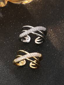 1 Stück 3-lagiger Kreuzring für Frauen, vollständiges Diamantdesign, eingelegt mit super glänzendem kubischen Zirkonia, verstellbarer offener Ring, Verlobungsring, Hochzeitsring, Halloween Schmuck, Weihnachtsgeschenk, Saudi-Nationalfeiertag Geschenk