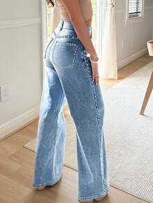 Women's High - Waisted Wide Leg Jeans, Vintage Washed Loose Denim Pants With Side Studs, Casual/Workwear - Rửa trung bình - Xem 2