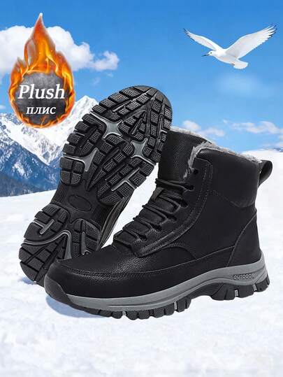 Botas de nieve de invierno para hombre, forradas de forro polar impermeables y de talla grande, botas de senderismo cálidas para exteriores, suelas antideslizantes y duraderas, color negro, adecuadas para uso diario, senderismo al aire libre, trekking y actividades en la nieve en climas fríos