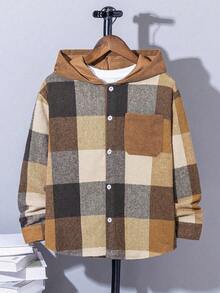 2pcs/Set Toddler Boys European & American Style Plaid Shirt + Hooded Top And Casual Cargo Pants Set - Coffee Brown - View 5