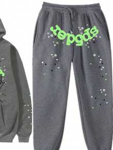 Spider Web Fashion Hip-Hop Printed Flower Hoodie, European And American Brand Large-Sized Loose Men's And Women's Hooded Sweatshirt Set - 灰色 - 查看 3