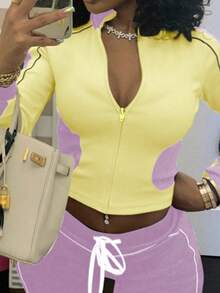 2pcs/Set European And American Style Women Four Seasons Striped Color Block Zip Up Drawstring High Waist Pants Set - Yellow - View 3