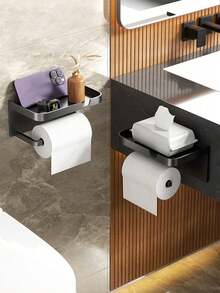Portarrollos de papel higiénico negro con soporte, portarrollos de papel higiénico de baño con soporte para teléfono, soporte para pañuelos adecuado para baño/cocina, sin necesidad de perforar - Multicolor - Ver 5