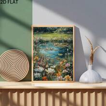 1 件油画帆布艺术墙饰，描绘郊区池塘中盛开的莲花，卡通复古风格风景印刷海报房间装饰、走廊、书房、卧室墙壁艺术、秋季装饰（无框架） - 彩色 - 查看 12