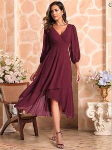 Vestidos de dama de honor de manga larga de linterna elegante con pliegues de gasa burdeos, vestido formal de invitada de boda de otoño e invierno