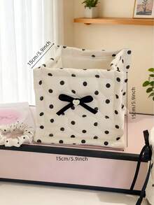 1pc Cute Black Polka Dot 3D Bow Decor Storage Basket, Desktop Organizer Basket For Makeup Brushes, Skincare Products, Desktop Decor, Cosmetic Organizer, Portable Picnic Basket, Suitable For Valentine's Day Stocking Stuffers - Multicolor - View 2