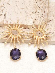 1 Pair Fashionable & Creative Rhinestone Sunflower Pendant Earrings, Exaggerated Design, Personalized Earrings