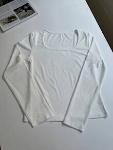 女式法式罗纹长袖打底衫，亲肤柔软贴身汗衫，简约百搭优雅风格 - 白色 - 查看 6