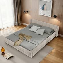 Łóżko podwójne 160*200 cm, tkanina szenilowa, wygodne oparcie, solidna konstrukcja z eukaliptusa i żelaza, łatwy montaż, kolor ciemnoszary (bez materaca) - Beżowy+Szenilowy+160cm*200cm - Zobacz 1