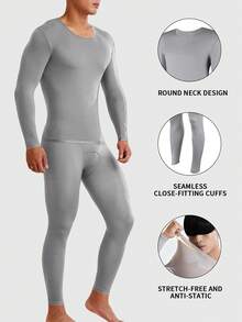 Men's Ultra-Thin Thermal Underwear Set, Seamless Self-Heating Skin-Friendly Undershirt, Autumn/Winter, Hyaluronic Acid Warm Suit, Men's Ultra-Thin Base Layer Thermal Underwear