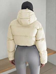 女士羽绒服，时尚短款羽绒服，带帽羽绒服，秋冬外套，女士休闲拉链蓬松连帽羽绒服 - 长袖外套