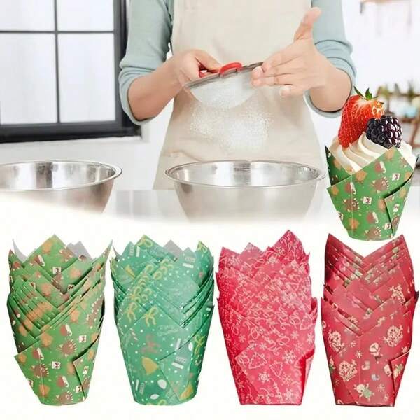50pcs Christmas Tulip Cupcake Liners, Multi-Styles Available, Oil-Proof Baking Cups Suitable For Christmas, Valentine's Day, Mother's Day, Birthday And Wedding Party, Christmas Party, Holiday Party Decor