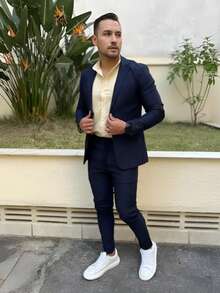 Men's Set Blazer Pants Slim Suit Formal Fashion - 藏蓝色 - 查看 6