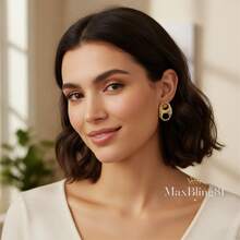 High-End Brass 14K Solid Gold Plated Nugget Puffed Mariner Link Stud Earrings Unisex Luxury Men Women - Vàng - Xem 4